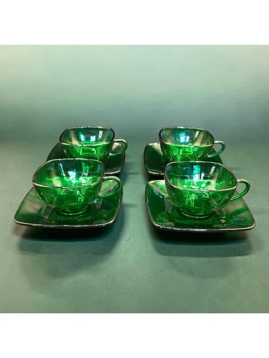 Vintage Anchor Hocking Green Glass Tea Cups & Saucers Set Of 4 MCM Design