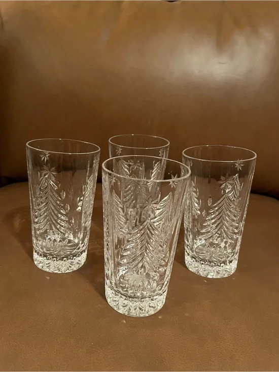Mikasa Christmas Tree Clear Cut Crystal High Ball Glasses, Set if 4.