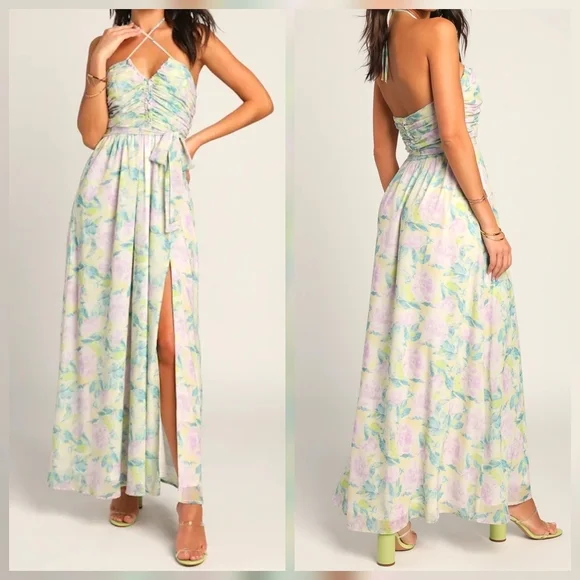 Lulus Effortlessly Abloom Green Multi Floral Ruched Halter Maxi Dress, Small