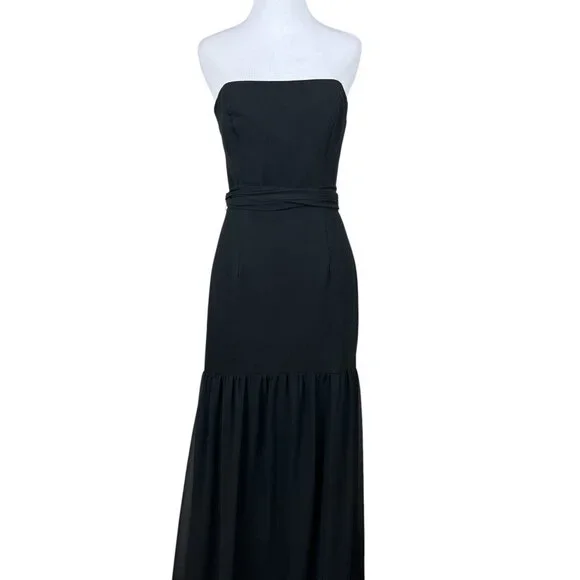 White Vera Wang Dress Womens 8 Black Crinkle Chiffon‎ Trumpet Hem Strapless Gown