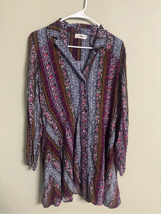 Natural Life Shirt Dress Size Medium Floral Boho Patchwork Cottage Indie Artsy