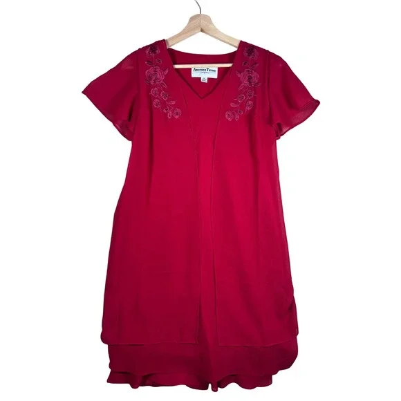 VTG Retro Dress Another Thyme‎ Red Floral Embroidered Party Cocktail 6P Layered