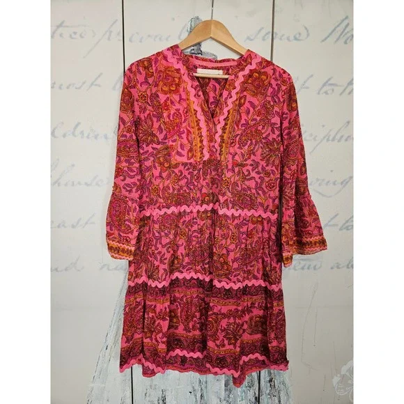 Lola Australia Tunic Dress Small Pink Paisley Tiered Ric Rac Bell Sleeve Boho
