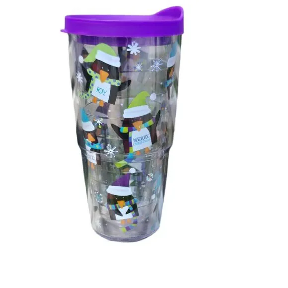 Tervis Tumbler 24oz Christmas Holiday Penguins Double Wall Insulated Purple Lid