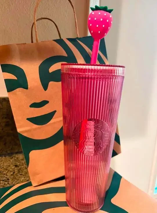 Starbucks 24oz Pink Stripe Cold Cup Tumbler with Strawberry Topper