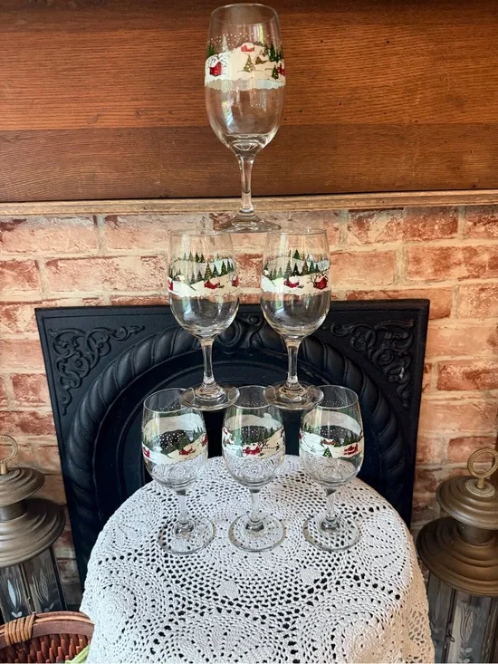 Vtg Libbey Winter Village Christmas Holiday Water Goblets 12 oz Set of 6