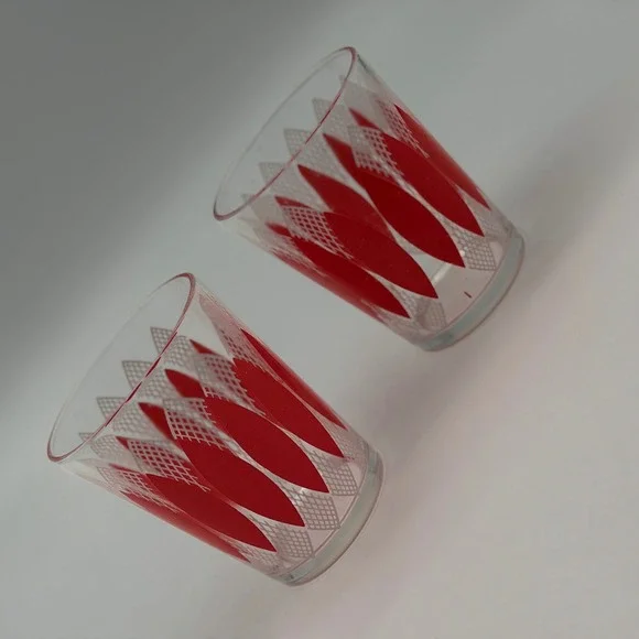 Vintage Mid Century Modern Red White Atomic Petal Juice Glasses Set of 2 MCM