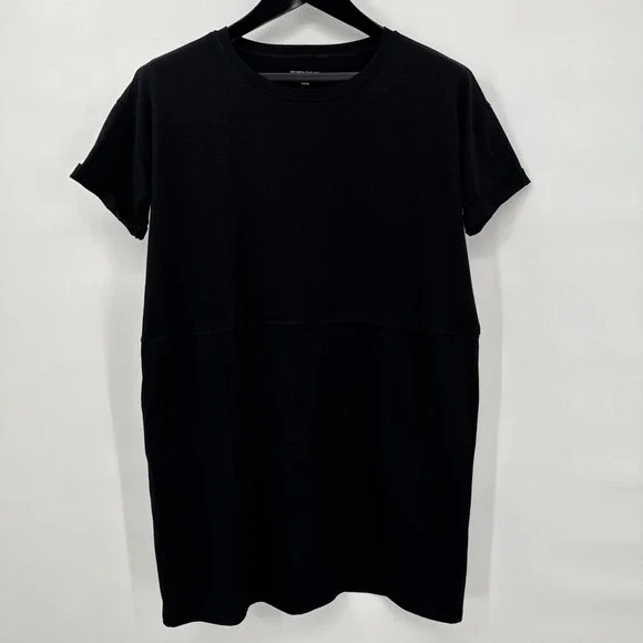 Eileen Fisher Black Organic Cotton Spandex Midi Dress Minimalist Boxy Pockets PM