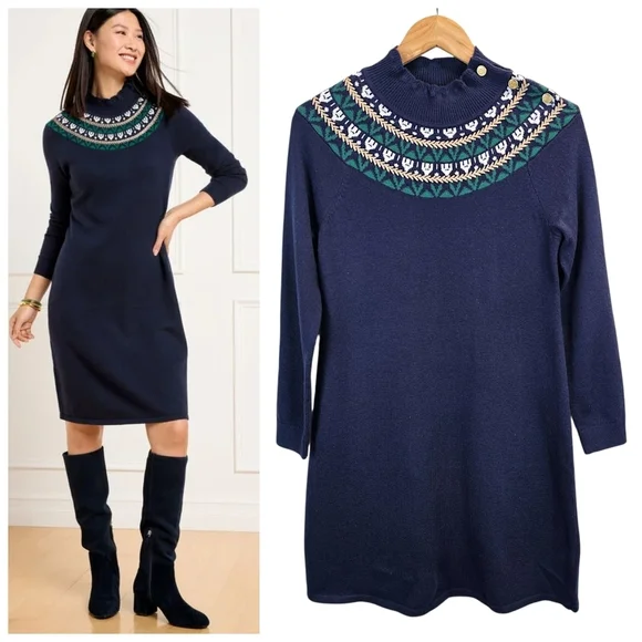 Talbots Petite Fair Isle Sweater Dress Navy Mock Neck Button Detail SP Holiday