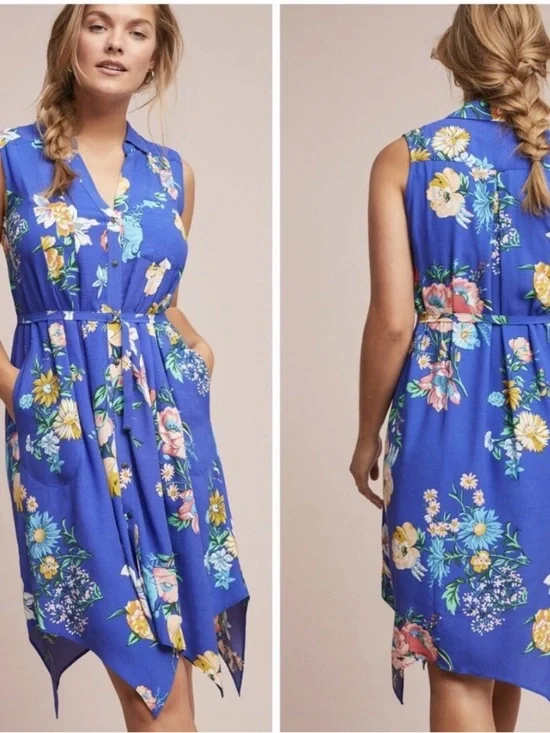 Anthropologie Maeve Rory Floral Sleeveless Button Down Midi Shirtdress Blue SZ 0