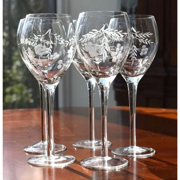 Set of 5 Vintage Etched Grape Wine Stem Glasses – Elegant Drinkware Design