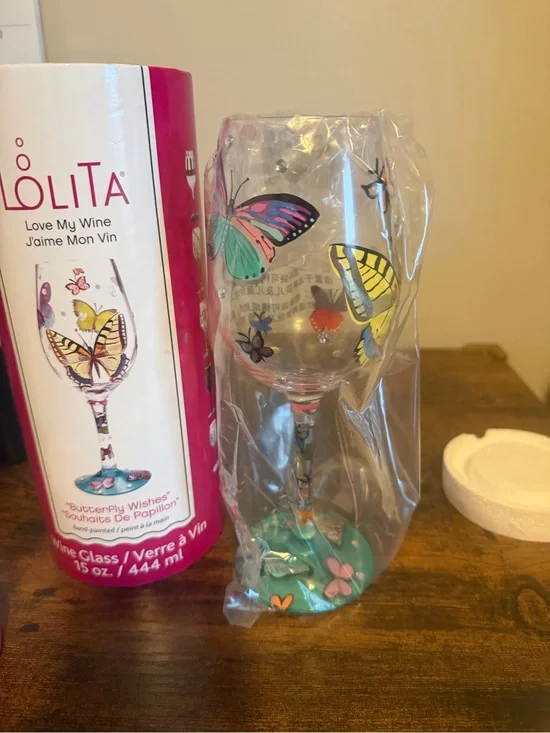 Lolita Hand-Painted Butterfly Wishes Wine Glass in Teal, Yellow, Pink