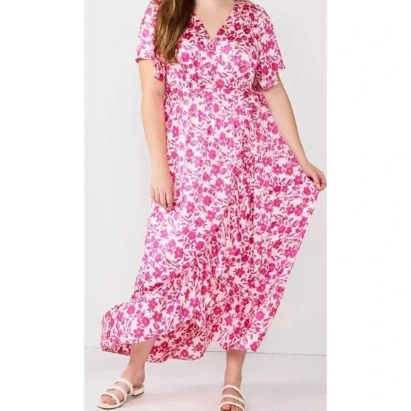 DRAPER JAMES RSVP FLUTTER SLEEVE FAUX WRAP MAXI DRESS SZ‎ XL Pink White Floral