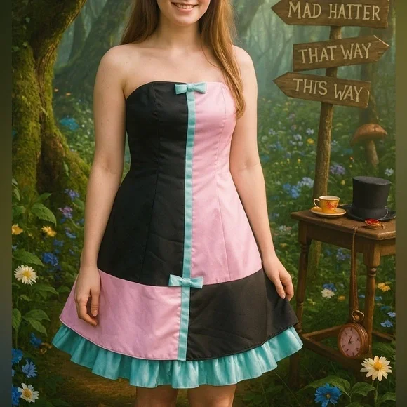 Gunne Sax Vintage Colorblock Black Pink Blue Strapless Alice In Wonderland Dress