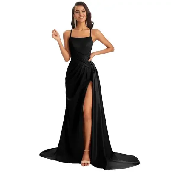 NWT Chicsew Sexy Soft Satin Side Slit Spaghetti‎ Straps Maxi Bridesmaid Dress 14