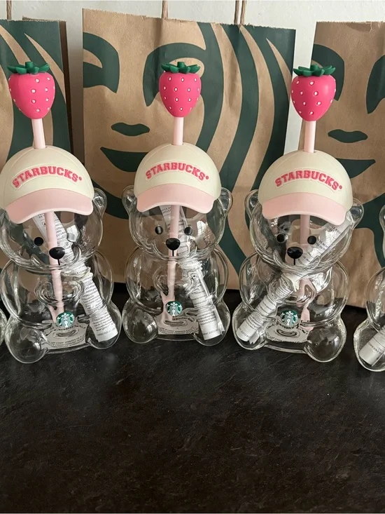 Starbucks Clear Bear Bottle with Pink Strawberry Topper and Cream Cap