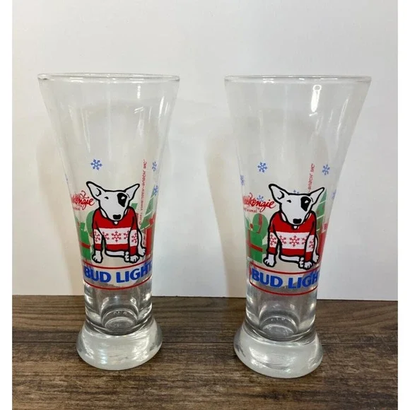 Vintage Lot of 2 Bud Light Spuds MacKenzie Christmas Beer Drinking Glass 1987