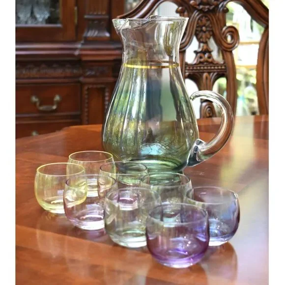 Vintage Gold Strip Glass Pitcher and Set of 8 Roly Poly Cocktail Glasses