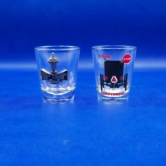 Vintage Pennsylvania Souvenir 2 Shot Glass Set Hershey PA & Intercourse PA Amish