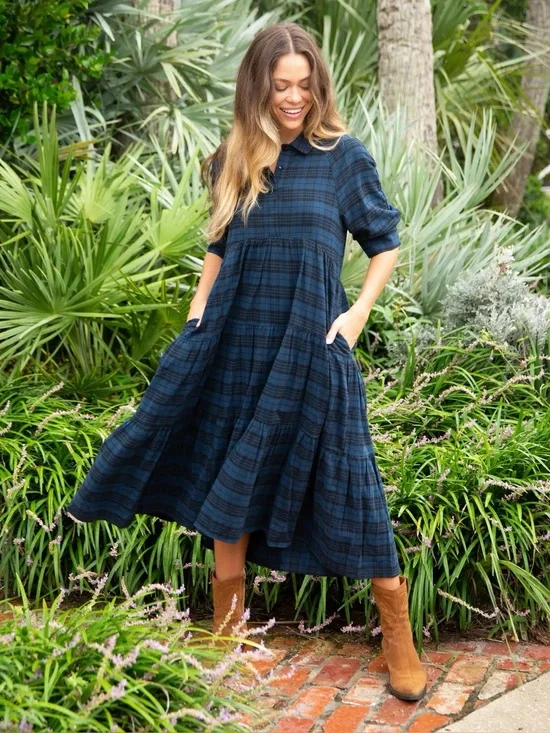 NWT Natural Life Rebecca Tiered Midi Dress - Blue Black Flannel Plaid