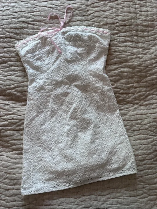White Fox white Eyelet Strapless Sundress with Pink Trim