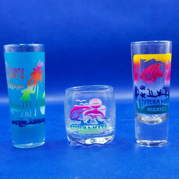 Riviera Maya Mexico Souvenir Shot Glasses Set of 3 Dolphin Fish Palm Tree