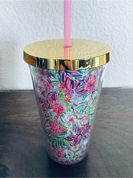 Lilly Pulitzer Floral Tropical Plastic Tall Tumbler Cup & Straw