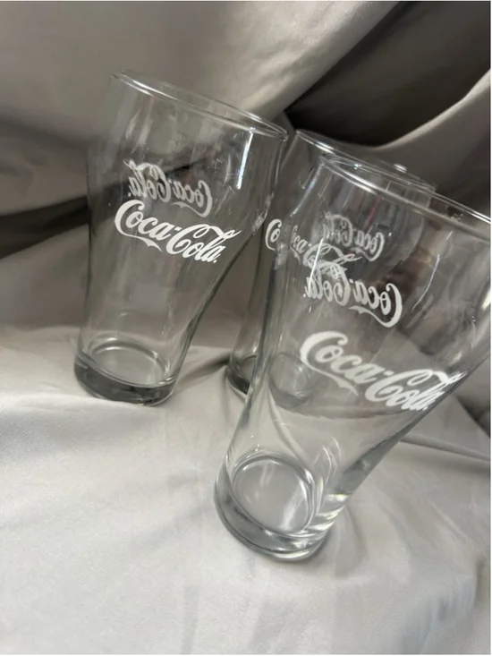 COCA-COLA GLASSES Clear Glass With White Lettering 6.5in Tall (3pc)
