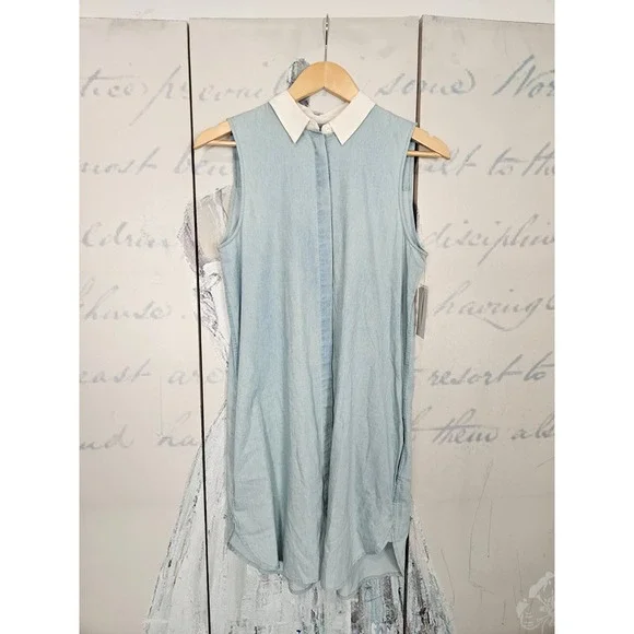 NWT Equipment Femme Lanie Dress S Blue Sleeveless Cotton Contrast Collar Mini