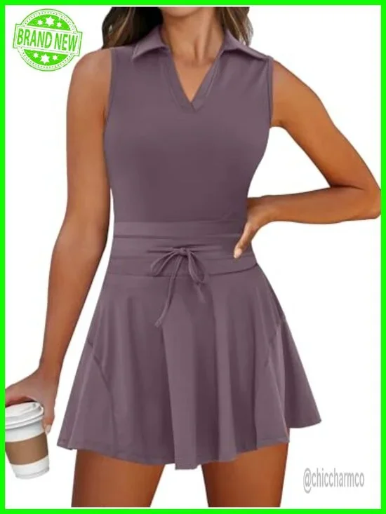 Women's 2 Piece Tennis Dress Set with Built-in Shorts, Polo Neck Sleeveless