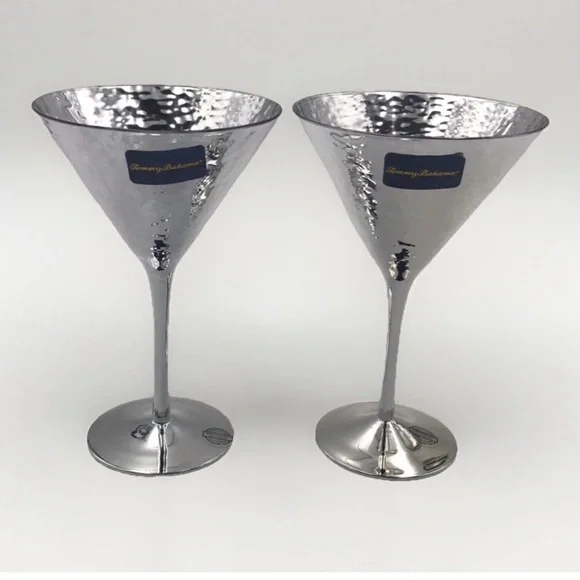 2 Tommy Bahama Silver Metallic Hand Hammered Look Reflective Martini Set 2 New