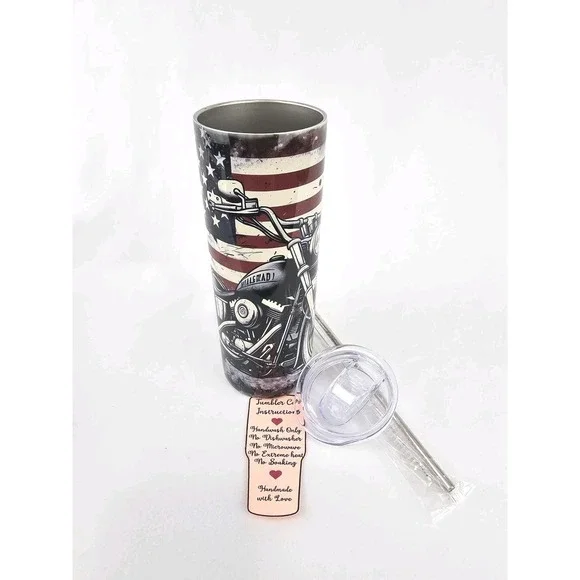 American Flag Motorcycle Riding 20Oz Tumbler Travel Insulated Patriotic Support