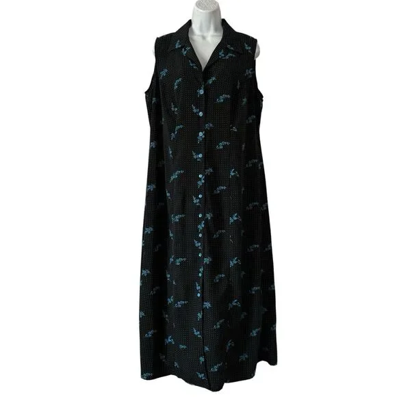 Studio I Shirt Dress Womens 12W Black Blue Floral Polka Dot Sleeveless Cottage