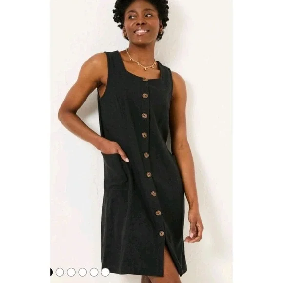 FatFace Binny Black Button Linen Dress Cottagecore L Quiet Luxury‎