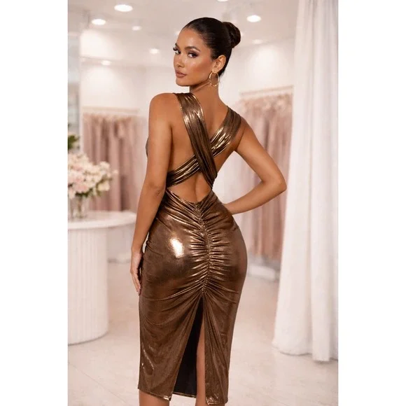 Micas Metallic Gold Open Back Midi Dress‎ size M