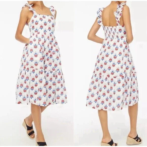 J.CREW‎ Midi Dress Size 14 White Floral Ruffle Sleeve Smocked Cotton Red Blue