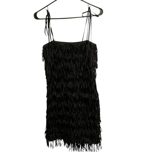Zara Black Sequined Fringed Spaghetti Strap Mini Dress Lined Black Size Small