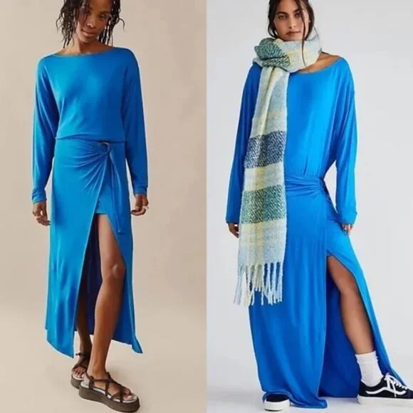 Free People Alyssa Long Sleeve Boho Wrap‎ Maxi Dress Blue Small