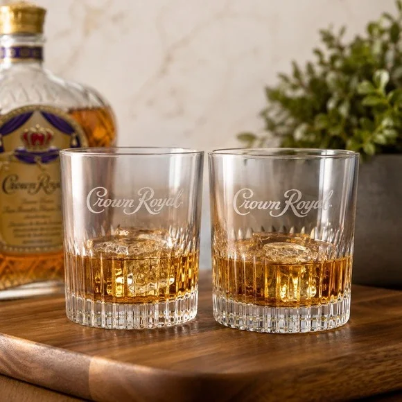 Crown Royal Whiskey Glasses Set of 2 Lowball Rocks Glass Etched Logo Fluted Base
