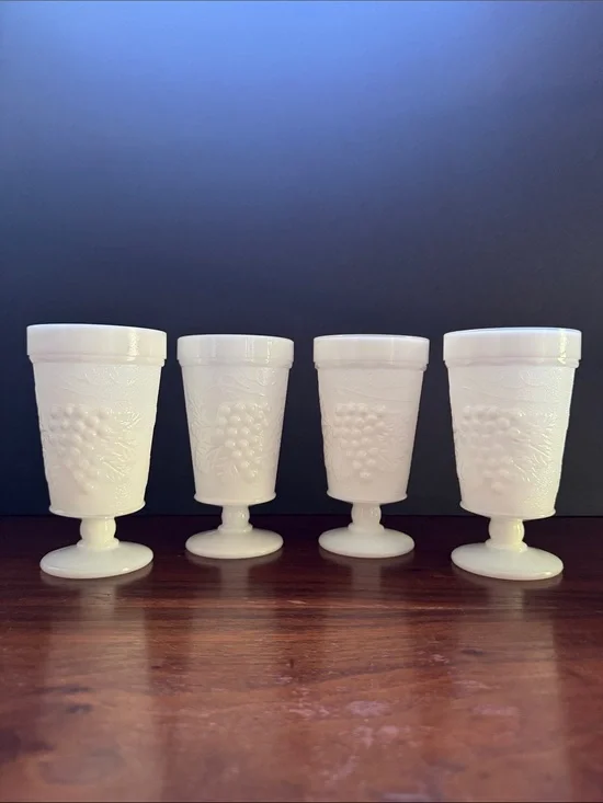 Vintage Anchor Hocking Harvest Grape Pedestal White Milk Glass Goblet