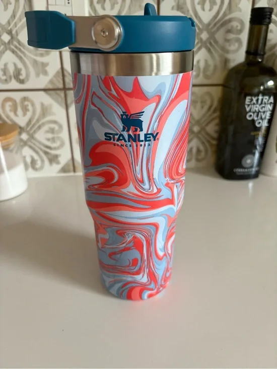 Stanley Travel Tumbler in Teal, Light Blue & Coral Swirl