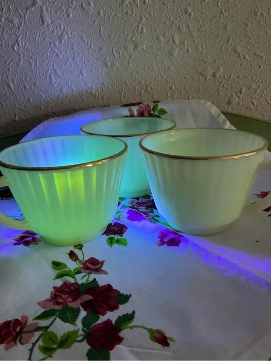 Uranium Milk Glass Vintage Set of 3 Cup Mug Paneled Coffee Tea