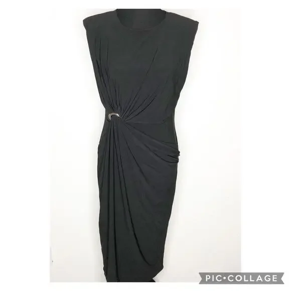 WHBM black draped front grommet cap sleeve midi dress size Medium NWT classic