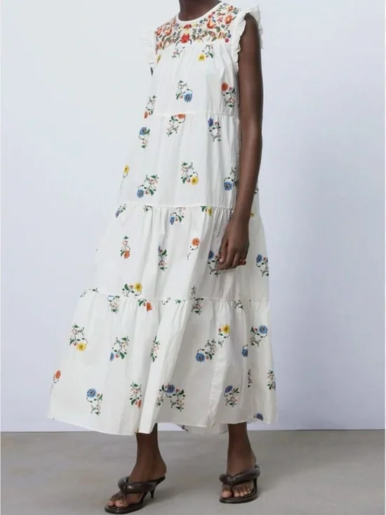 Zara Embroided bohemian White Floral Tiered Midi Dress