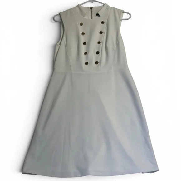 Tommy Hilfiger Fit & Flare Dress‎ 6 White Womens Gold Button Mock Neck Excellent