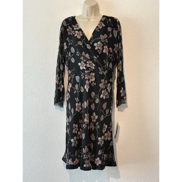 New Nine West Plus Size 16 Silk Midi Dress Black Pink‎ Floral Career Wedding