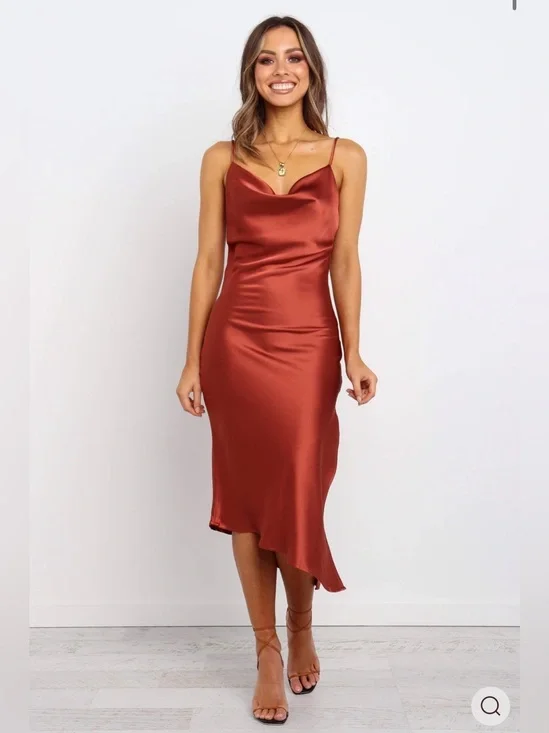 Petal & Pup Rust Satin Asymmetrical Slip Dress
