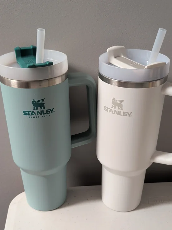 Stanley Travel Tumbler Pair in Seafoam Green and White with Handles
