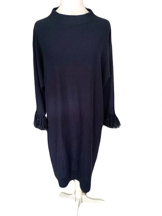 NWT NIC+ZOE Large Navy Blue Long Sleeve Fringe-Cuff Knit Dress Classic Casual