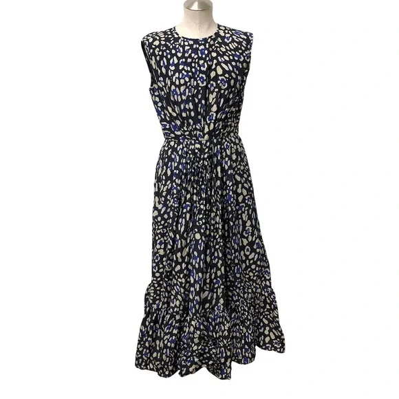 Adam Lippes Maxi Dress Womens 8 Blue Silk Blend Abstract Sleeveless Pockets